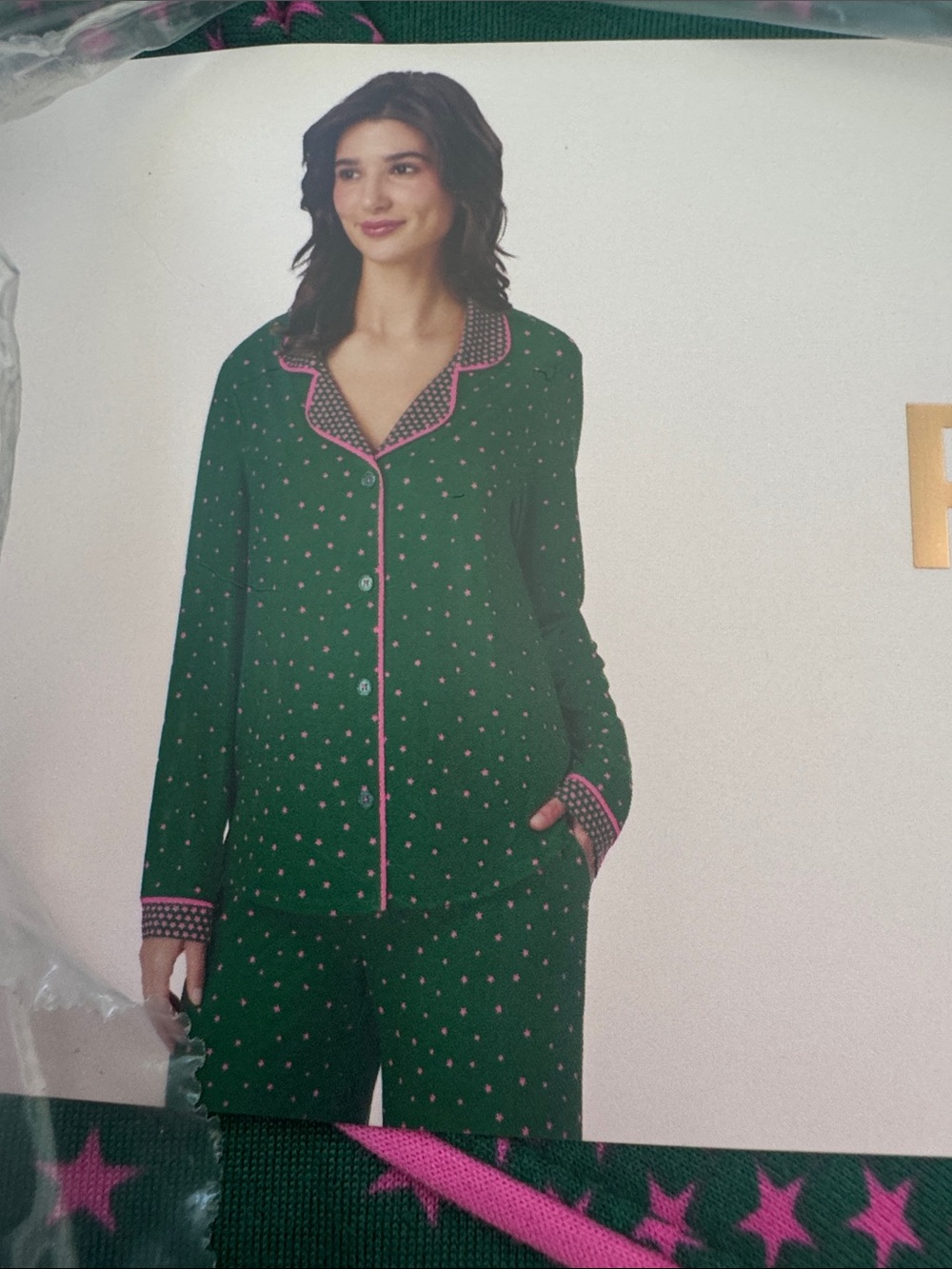 Room service Green Star-Print Pajama Set with Pink Trim